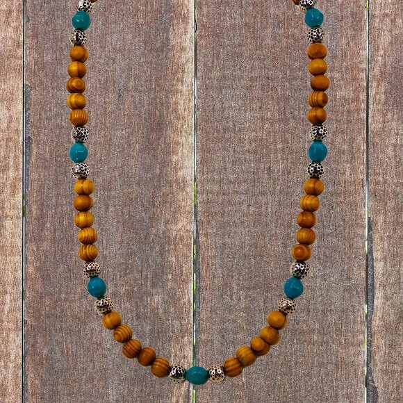 Wood bead necklace created with turquoise color beads and textured silver beads. - Picture 11 of 11